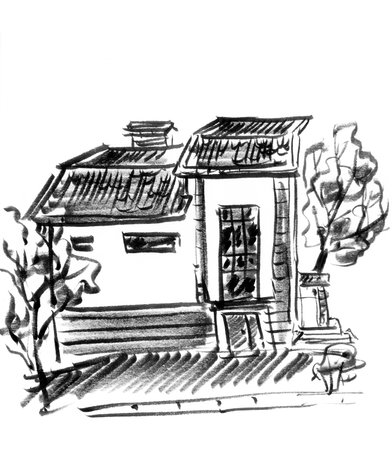 the house and the trees, travel sketch, graphic black and white monochrome drawing. high quality illustrationの写真素材