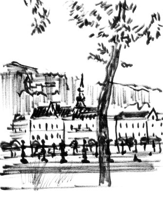 Budapest, Hungary, Travel sketch, graphic black and white drawing. high quality photoの写真素材