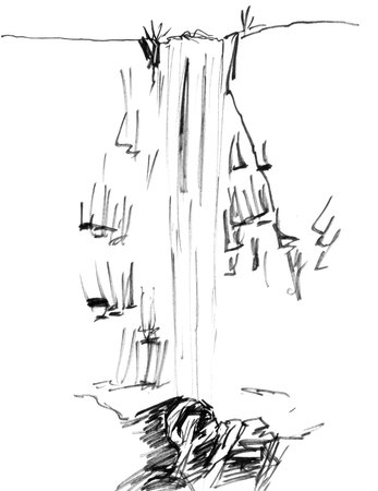 waterfall in the mountains, graphic black and white drawing. High quality illustrationの写真素材