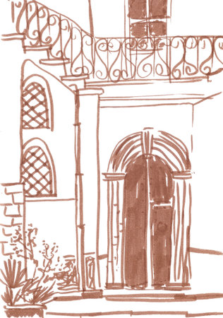 antique doors in town, travel sketchの写真素材
