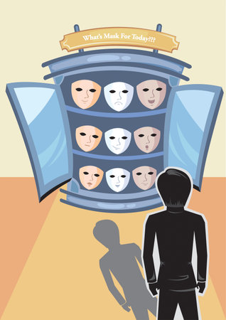 what's your mask for today.  People usually lies about whats they want to say and feel, they will prefer to cover it than say the truth のイラスト素材
