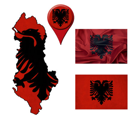 Albania flag, map and map pointers の写真素材