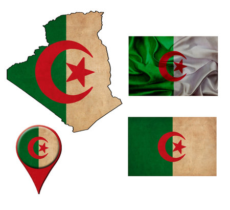 Algeria flag, map and map pointers の写真素材