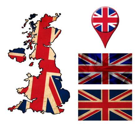 UK flag, map and map pointers の写真素材