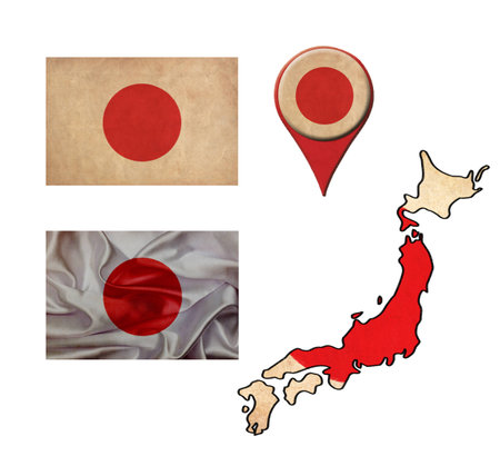 japan flag, map and map pointers の写真素材