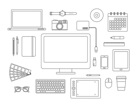 graphic designer items and tools line icon setのイラスト素材