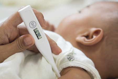 Mother takes temperature for Infants aged 3 months child with digital thermometer at home....