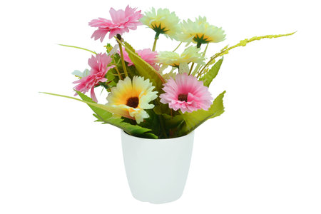 close up Artificial flowers in white ceramic vase isolated on white background, fake flowersの写真素材