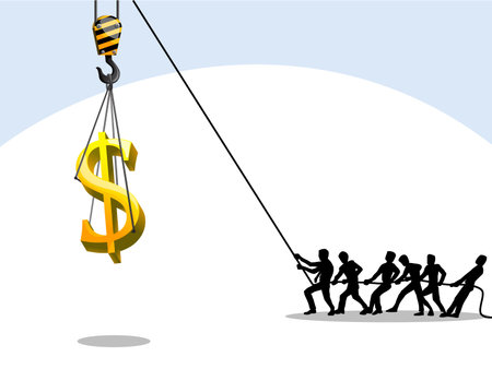 men pulling rope to lift dollar symbol,teamwork, business conceptのイラスト素材