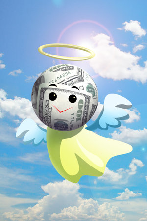 money angel with wing on the blue skyの写真素材