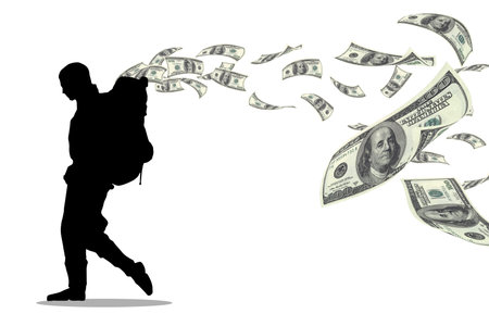 money backpacker with money flow in the air, money transfer  conceptの写真素材