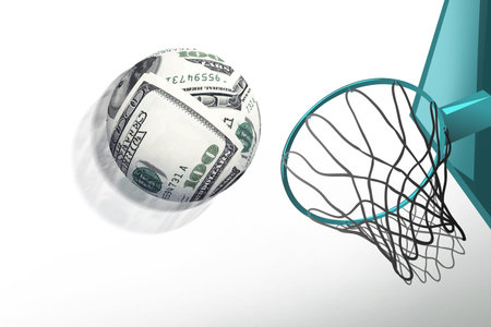 money sphere shoot in basketball hoop,make score,business conceptの写真素材