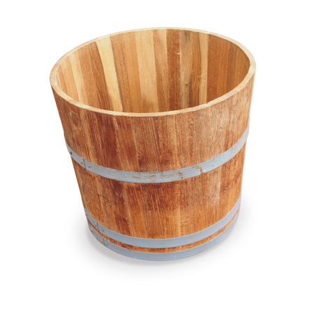wooden bucket isolated on white backgroundの写真素材