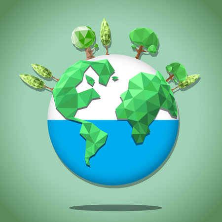 earth with tree graphic art in low polygon vector , geometric illustrationの写真素材