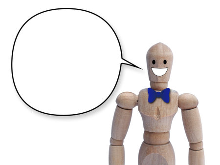 wooden man have a speech isolated on white background, business conceptの写真素材