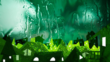 Ecology concept ; city in Paper Cut Style over Nature background, concept art, Illustration mixed with photographの写真素材