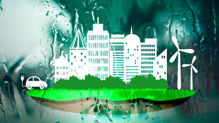 Ecology concept ;green car with windmill  in the city in Paper Cut Style over Nature background, concept art, Illustration mixed with photographの写真素材