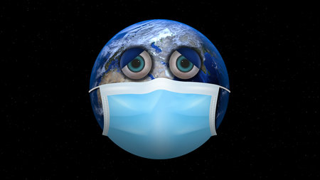 The world wearing a medical mask to protect against the virus. Sad face earth illustration. Covid-19 attack on the world conceptの写真素材