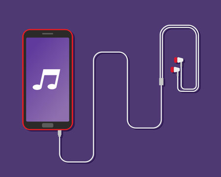 Mobile phone with earphones. Illustration of Red smartphone in purple background.のイラスト素材