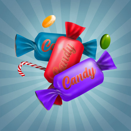 Candy illustration on a blue retro backgroundの写真素材