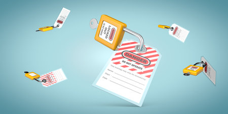 Lock out, tag out with a danger tag 3d render illustration. Danger and do not operate warning. Machine and electrical system and safety equipment. Isolated on blue background.の写真素材