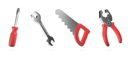 Repair tools 3d render illustration on isolated white background. Screwdriver, wrench, handsaw,...