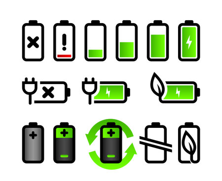 Vector battery icons set. Battery levels, recycling and natural energy icons on isolated white background.のイラスト素材