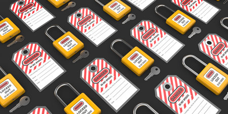 Lock out, tag out with a danger tag 3d render illustration.Danger tags, locks and keys sorted on...