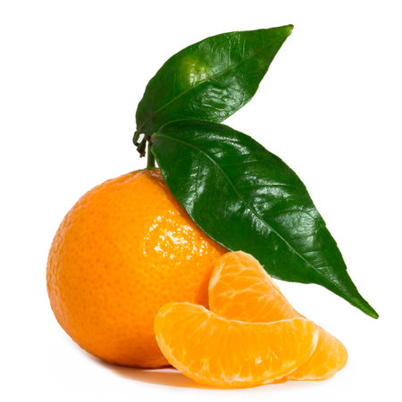 Mandarin with leaves isolated on white backgroundの写真素材