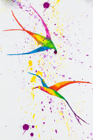 Watercolor drawing. Birds. Multicolored swallowsの写真素材