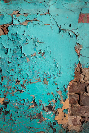 Cracked green, azure paint on metal, rust. For backgroundの写真素材