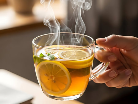 Steaming hot lemon and mint tea in a glass mug held by a hand, comforting beverageの素材