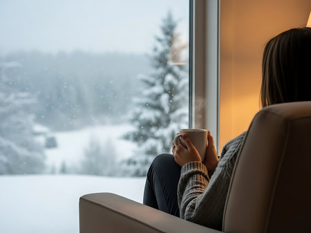 Cozy woman in armchair holding mug, looking out at snowy winter forest landscapeの素材