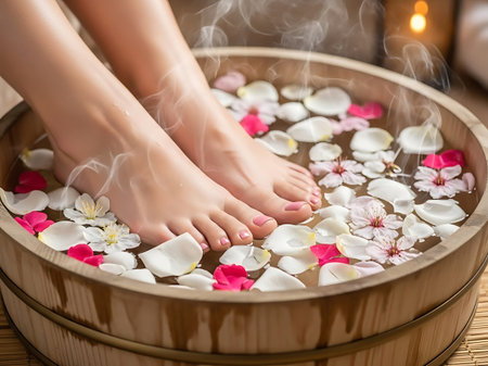 Woman's feet soaking in hot water with rose petals and flowers, steamy spa treatmentの素材