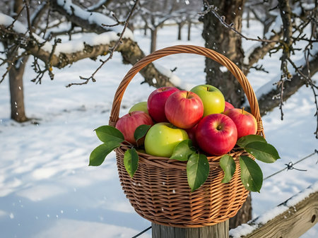 Basket of fresh apples in winter orchard with falling snow, natural lightの素材