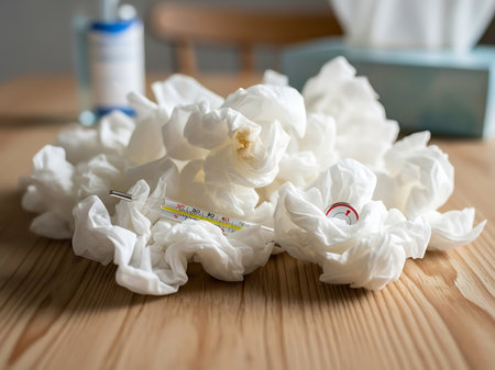 Thermometer and used tissues symbolize illness, fever, and recovery on wooden tableの素材