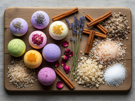 Aromatic bath bombs with lavender, rose petals, cinnamon, and salts on woodの素材