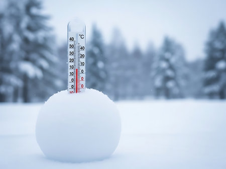 Thermometer showing freezing temperatures in a snowy winter landscape backgroundの素材