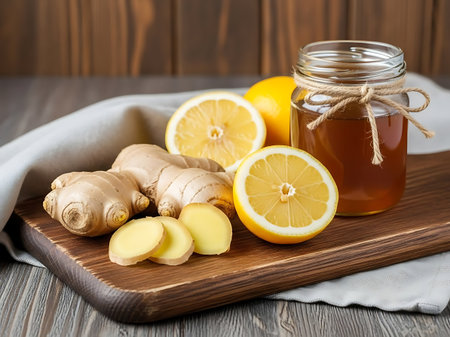 Ginger, lemon and honey in a jar on a wooden backgroundの素材