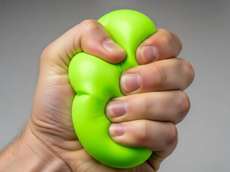 Man's hand holding a green rubber ball on a gray background.の素材