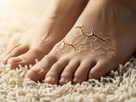 Female feet with cracked skin on carpet, closeup. Foot careの素材