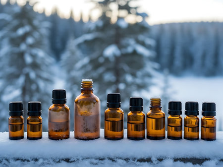 Essential oils in glass bottles on the background of a winter forestの素材