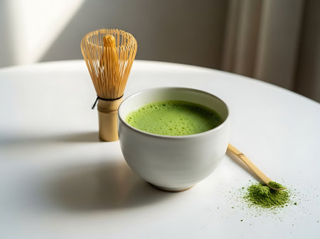 Green matcha latte in a white cup and bamboo whisk on white tableの素材