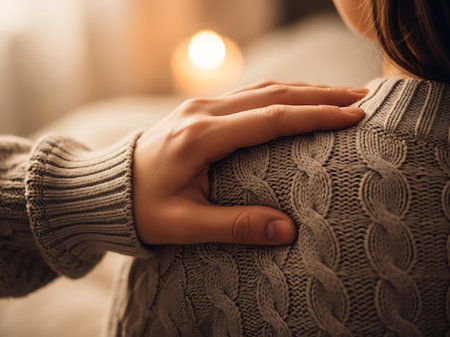 cropped shot of woman in knitted sweater holding hands at homeの素材