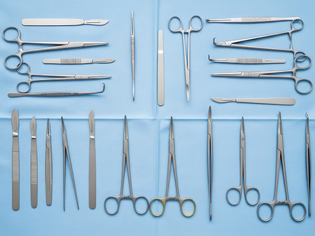 surgical instruments and tools on a blue background close-up.の素材