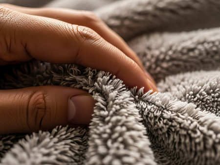 Closeup of a woman's hand kneading a fur blanketの素材