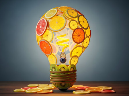 Conceptual image of a light bulb made of citrus fruit.の素材