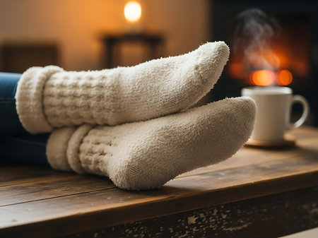Female feet in woolen socks on the background of a burning fireplaceの素材