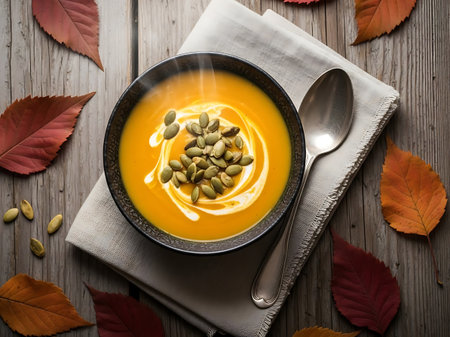 Pumpkin soup with cream and pumpkin seeds on a wooden backgroundの素材