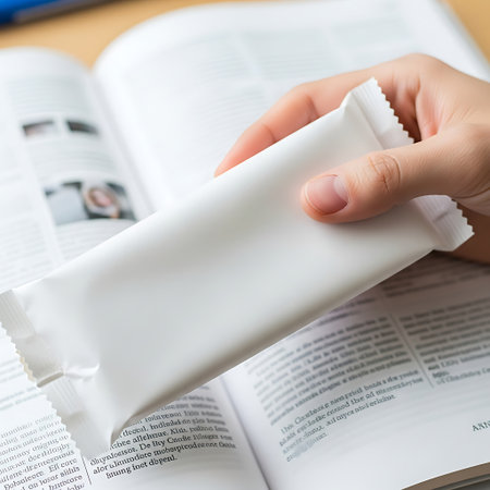 Hand holding a blank white snack bar wrapper over an open bookの素材